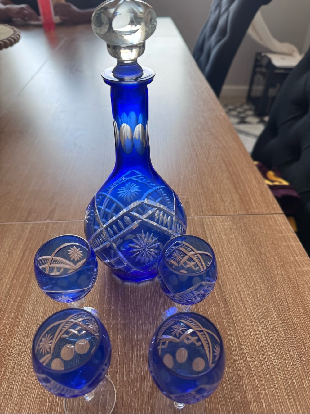 Mid century modern Bohemian crystal decanter set in cobalt blue